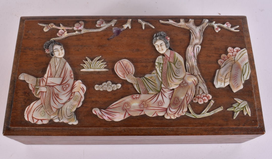 A 19TH CENTURY CHINESE CARVED HUANGHUALI WOOD BOX Qing, overlaid in stone with figures. 19 cm x 10 c: A 19TH CENTURY CHINESE CARVED HUANGHUALI WOOD BOX Qing, overlaid in stone with figures. 19 cm x 10 cm.
