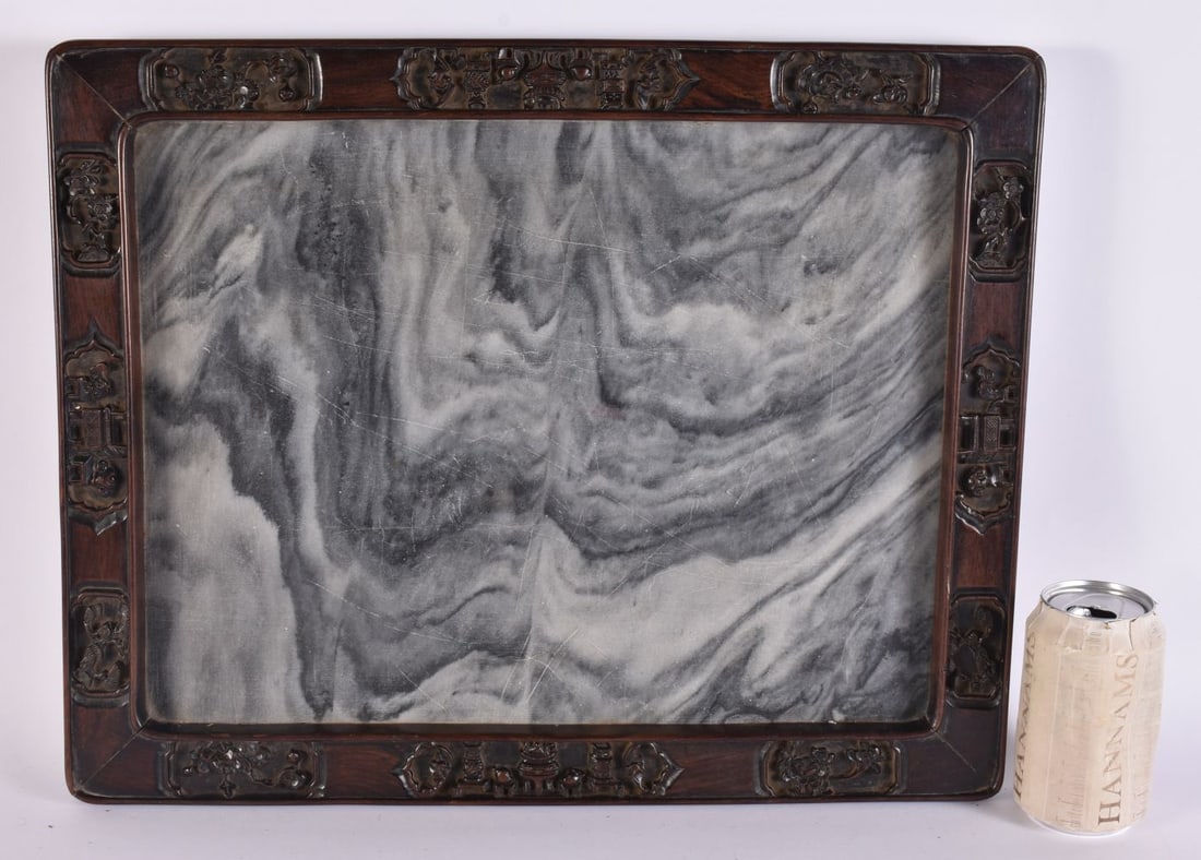 A FINE 19TH CENTURY CHINESE CARVED ZITAN MARBLE INSET INLAID PANEL Qing. 48 cm x 38 cm. (1 of 7)