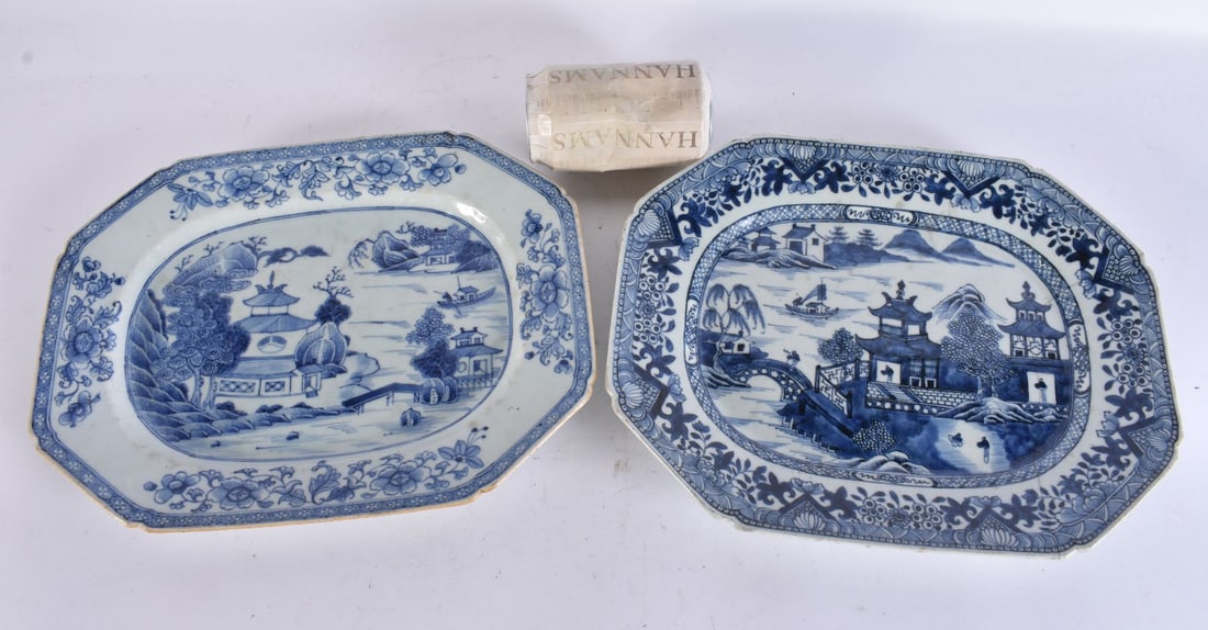TWO 18TH CENTURY CHINESE EXPORT BLUE AND WHITE PORCELAIN DISHES Qianlong. 32 cm x 24 cm. (1 of 8)