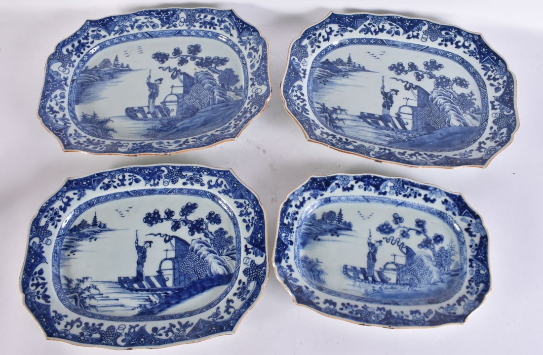 A SET OF FOUR 18TH CENTURY CHINESE EXPORT BLUE AND WHITE DISHES Qianlong. Largest 36 cm x 26cm. (4) (1 of 6)