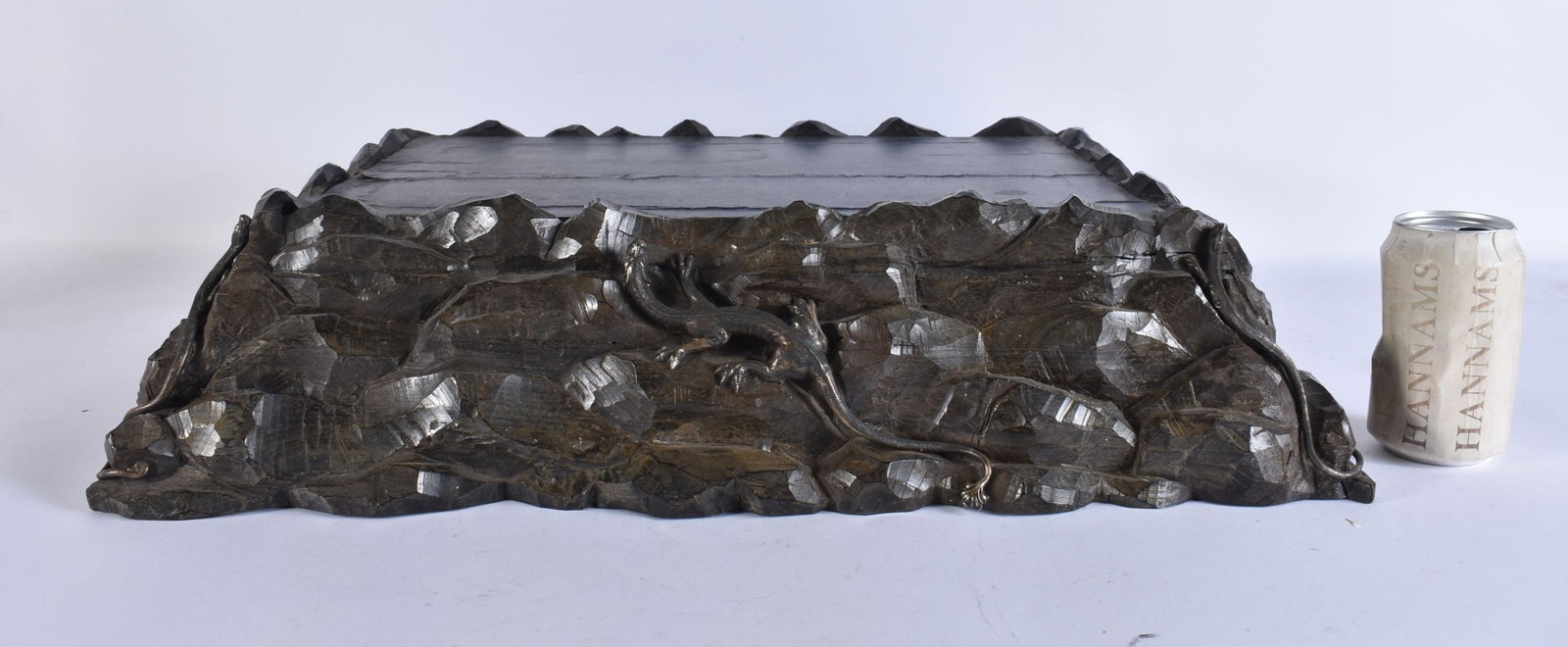 A LARGE 19TH CENTURY CHINESE BRONZE HARDWOOD BASE Late Qing, overlaid with bronze dragons. 40cm x 58: A LARGE 19TH CENTURY CHINESE BRONZE HARDWOOD BASE Late Qing, overlaid with bronze dragons. 40cm x 58 cm x 38 cm.