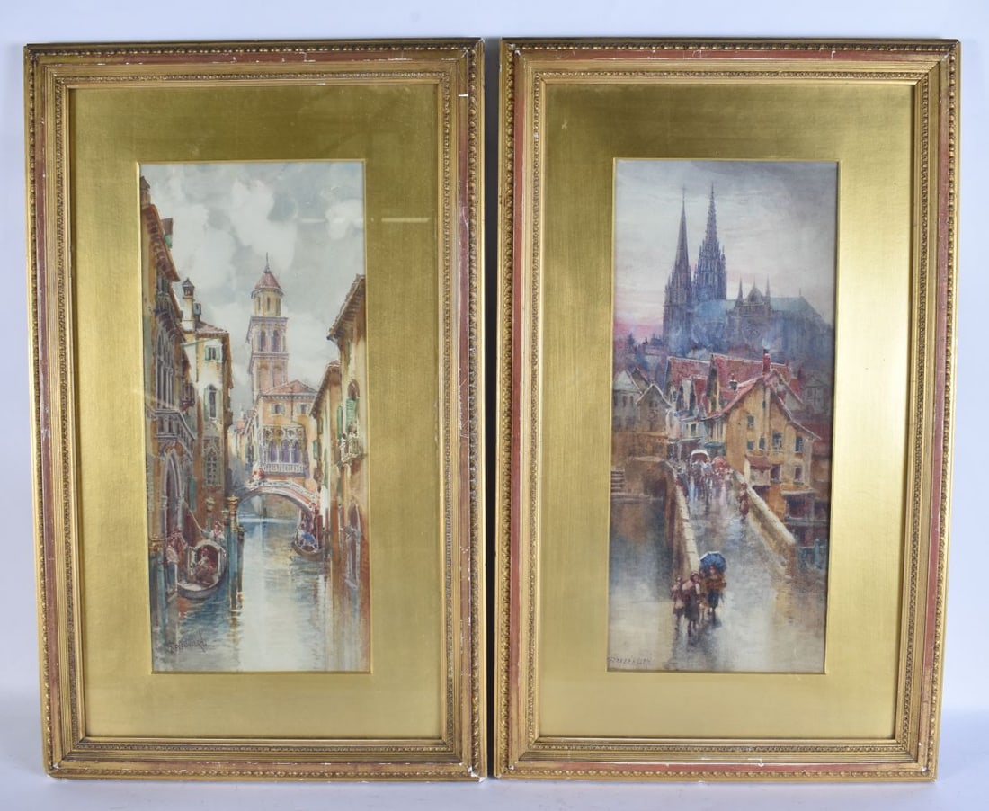 Thomas Greenhalgh - Venetian canal and street scene in the rain, two 19th century watercolours on pa: Thomas Greenhalgh - Venetian canal and street scene in the rain, two 19th century watercolours on paper, signed, mounted, framed and glazed, 41 cm x 18 cm. (2)