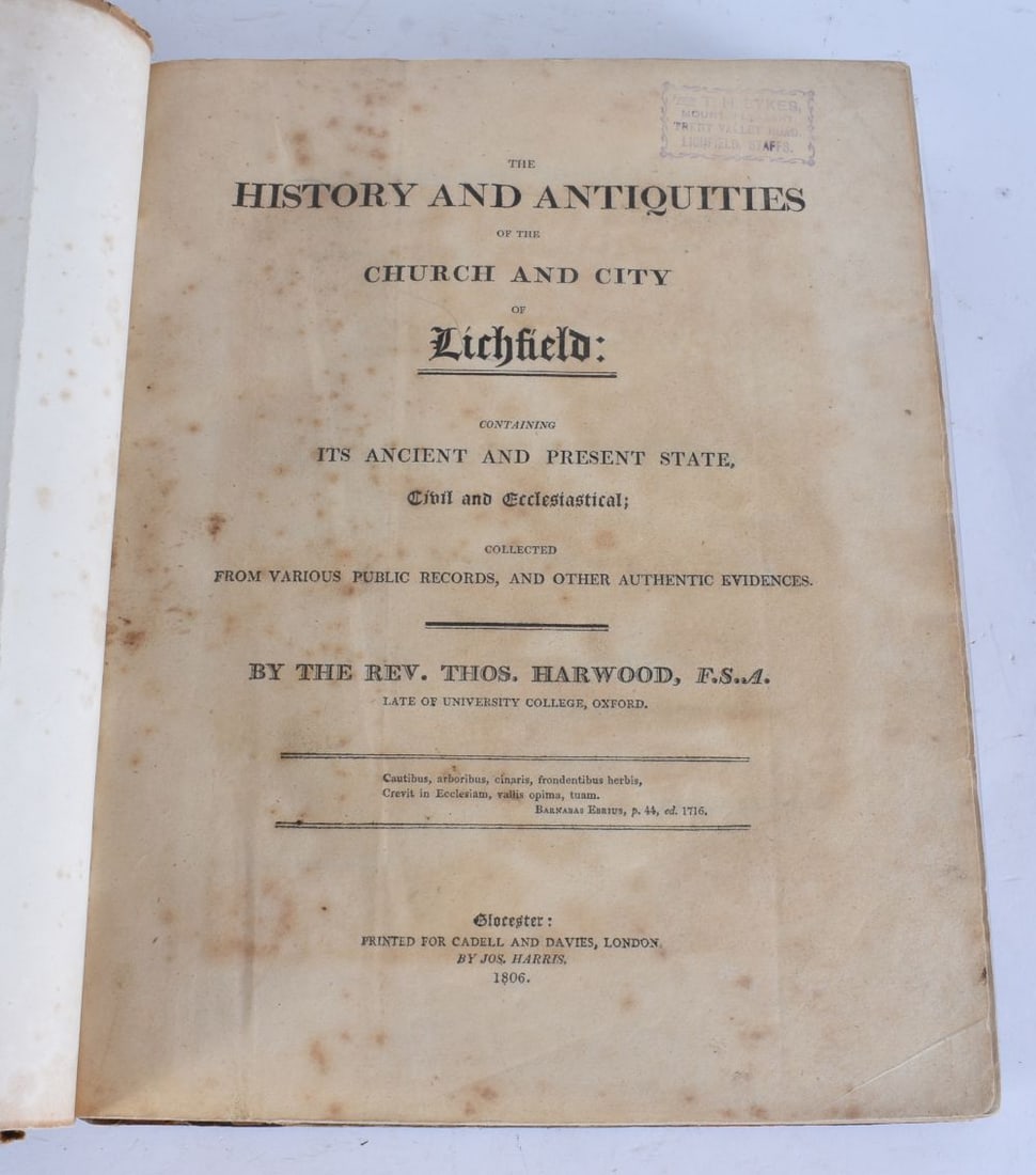 Lichfield - History & Antiquities, Rev Thomas Harwood, 1st Edition 1806.: Lichfield - History & Antiquities, Rev Thomas Harwood, 1st Edition 1806.