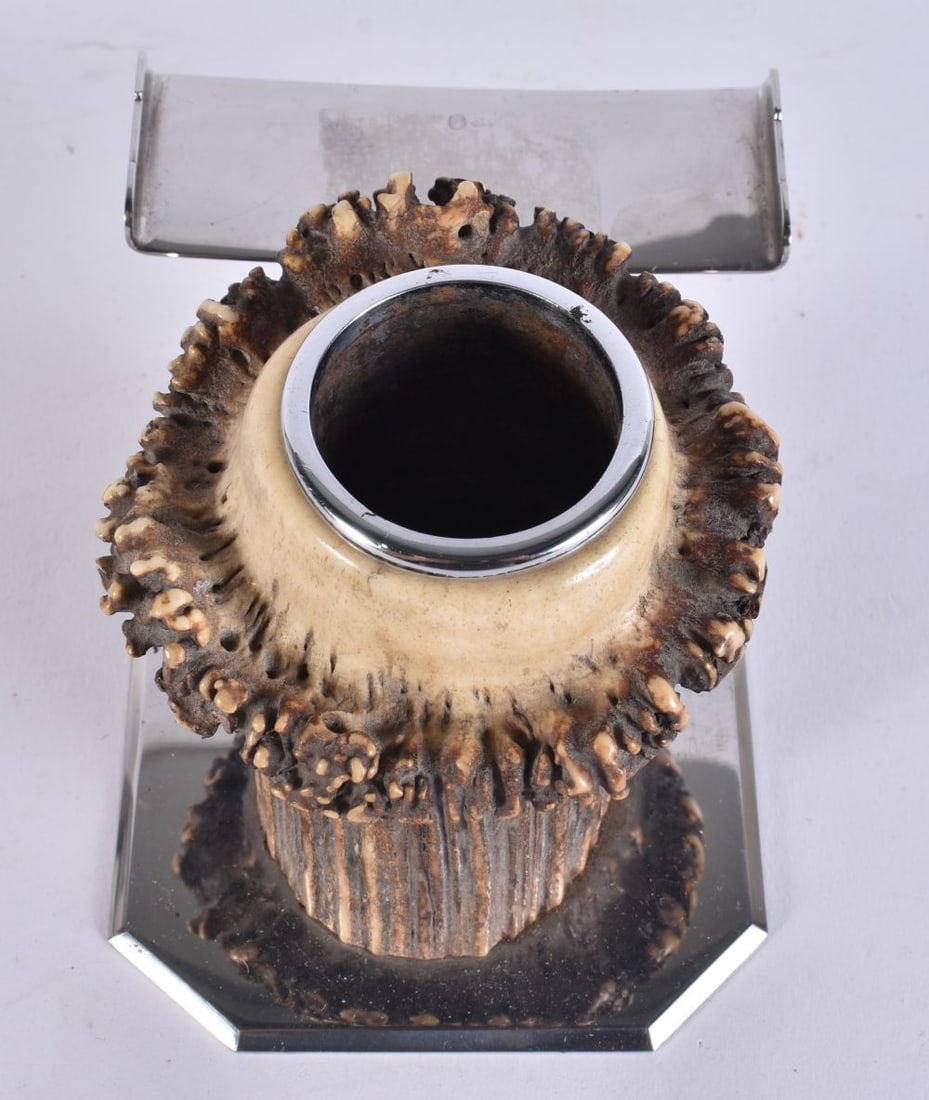 A CHARMING EARLY 20TH CENTURY CHROME STAG ANTLER INKWELL with pen rack. 14 cm x 8 cm. (1 of 4)