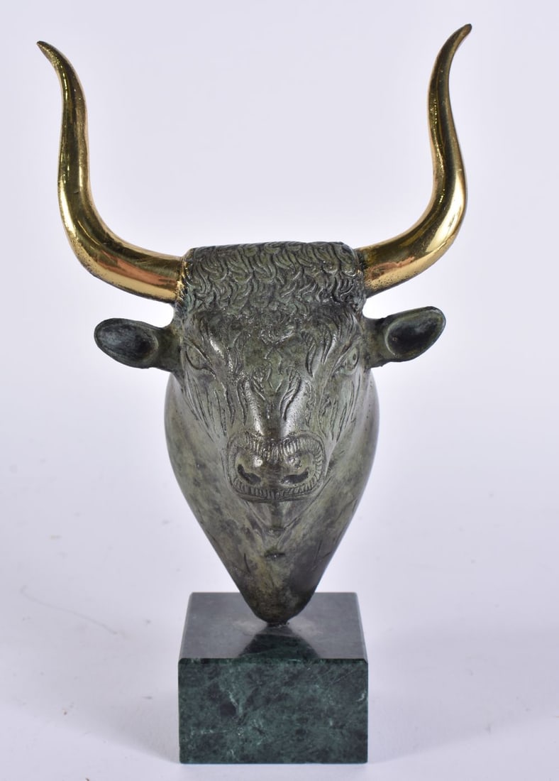 A BRONZE BULL BUST. 20cm x 9 cm. (1 of 5)