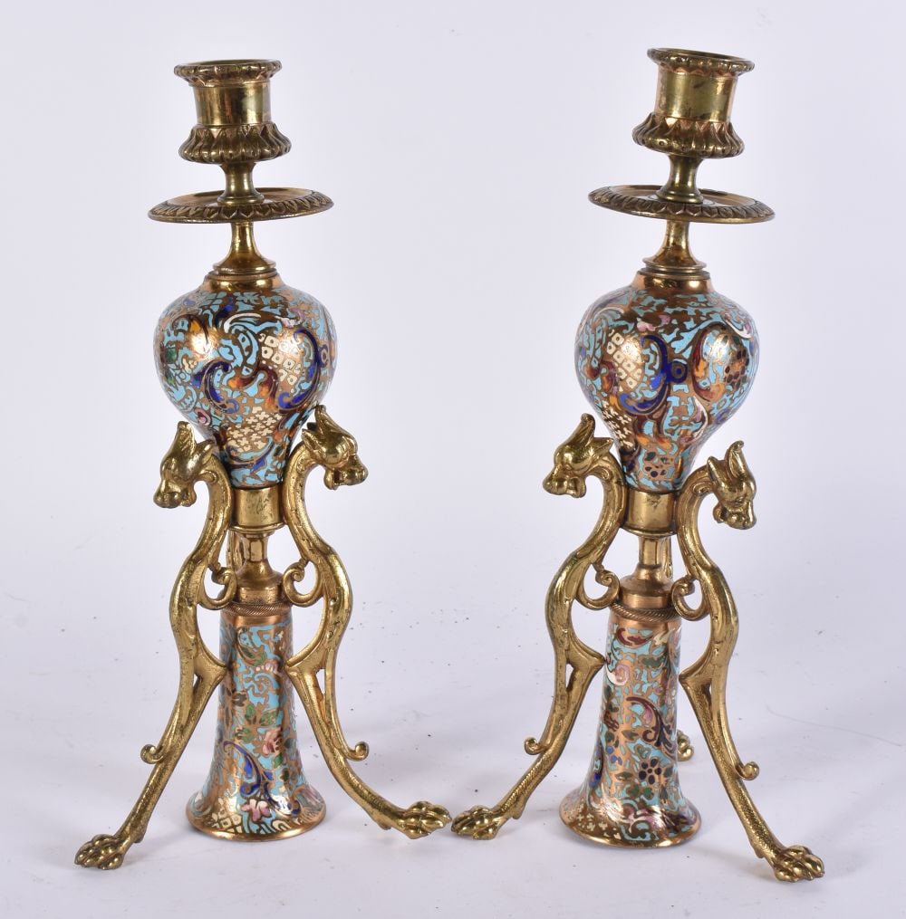 A PAIR OF LATE 19TH CENTURY FRENCH BRONZE CHAMPLEVE ENAMEL CANDLESTICKS. 26cm high. (1 of 5)