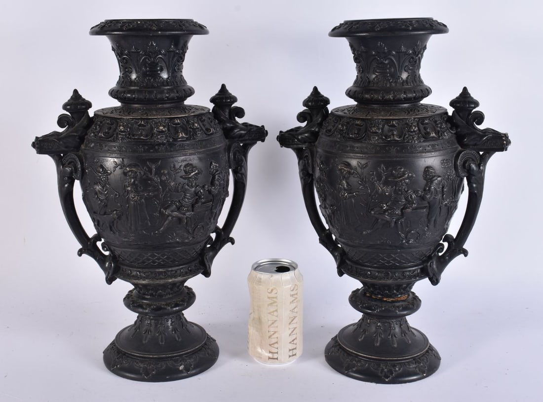 A PAIR OF ANTIQUE AUSTRIAN TERRACOTTA CLASSICAL VASES. 38 cm x 16 cm. (1 of 8)