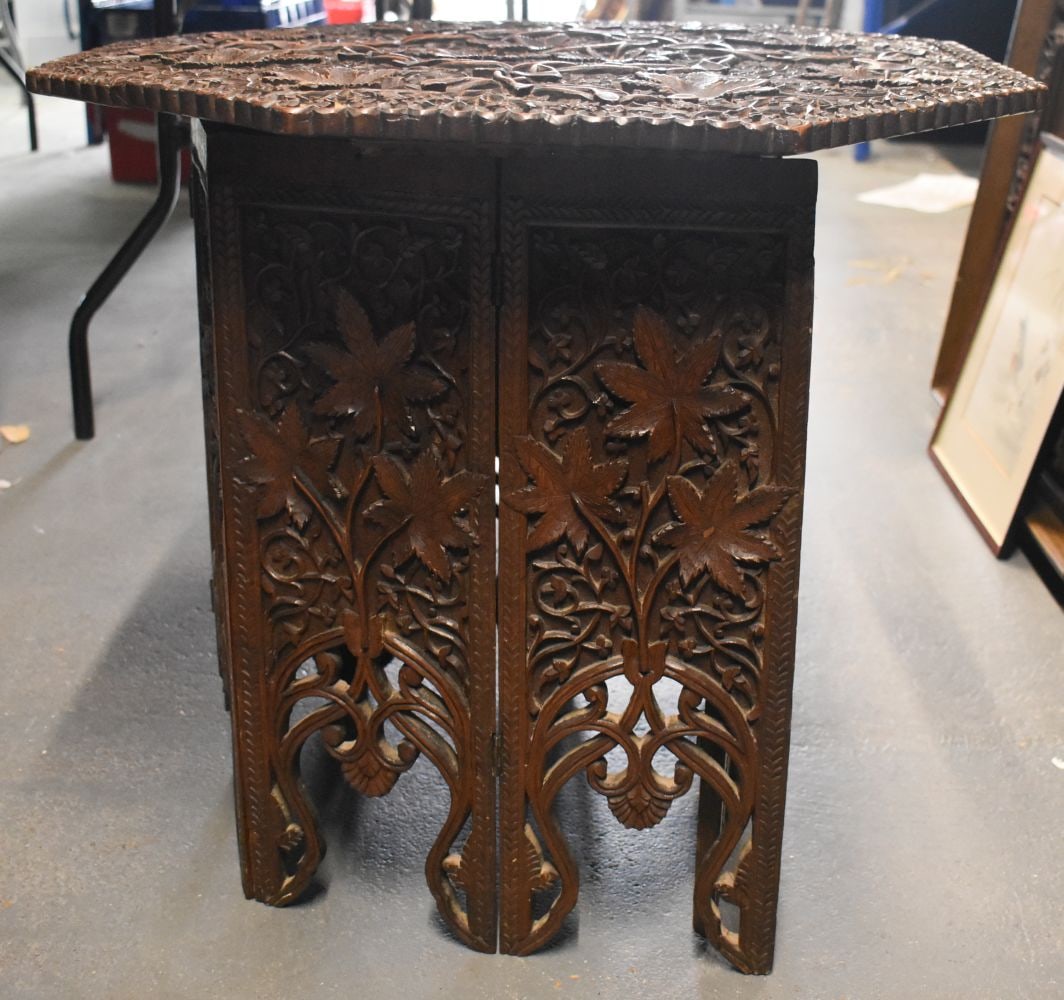 AN INDIAN COUNTRY HOUSE FOLDING TABLE. 54 cm x 60 cm. (1 of 6)