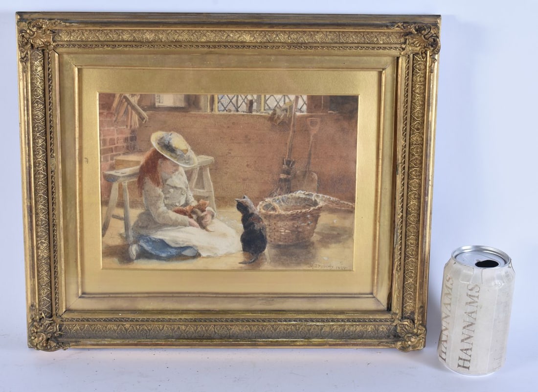 Mariquita Jenny Moberly (1855-1903) Watercolour, Female with cats. 38 cm x 32 cm, image 24.5 cm x 17 (1 of 6)