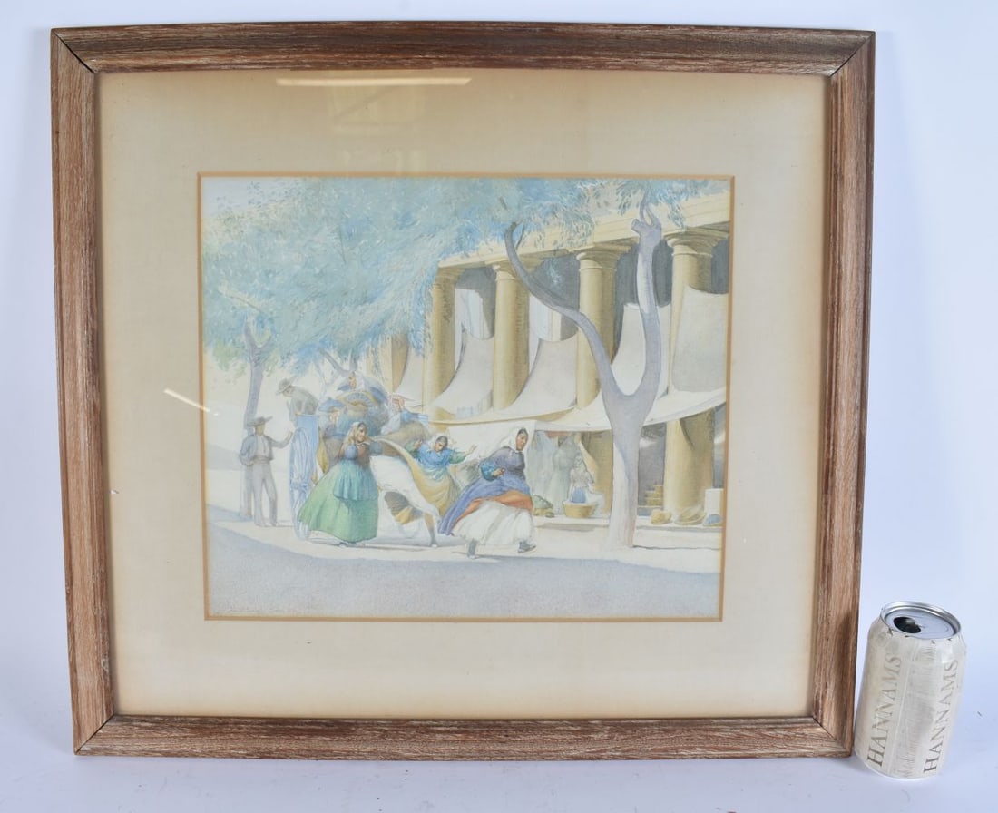 Jan Bjorn Willumsen (1891-1964) Watercolour, Ibiza scene. 56 cm x 50 cm, image 36 cm x 30cm.: Jan Bjorn Willumsen (1891-1964) Watercolour, Ibiza scene. 56 cm x 50 cm, image 36 cm x 30cm.