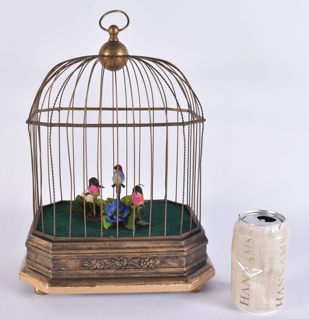 A VINTAGE GILT WOOD AUTOMATON SINGING BIRD CAGE. 38 cm x 22cm. (1 of 5)