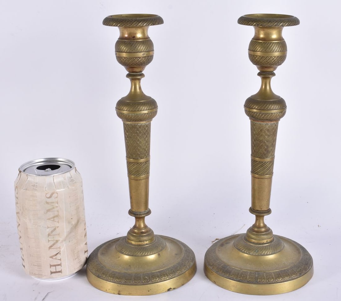 A PAIR OF LATE 19TH CENTURY FRENCH BRONZE EMPIRE STYLE CANDLESTICKS. 26cm high. (1 of 5)