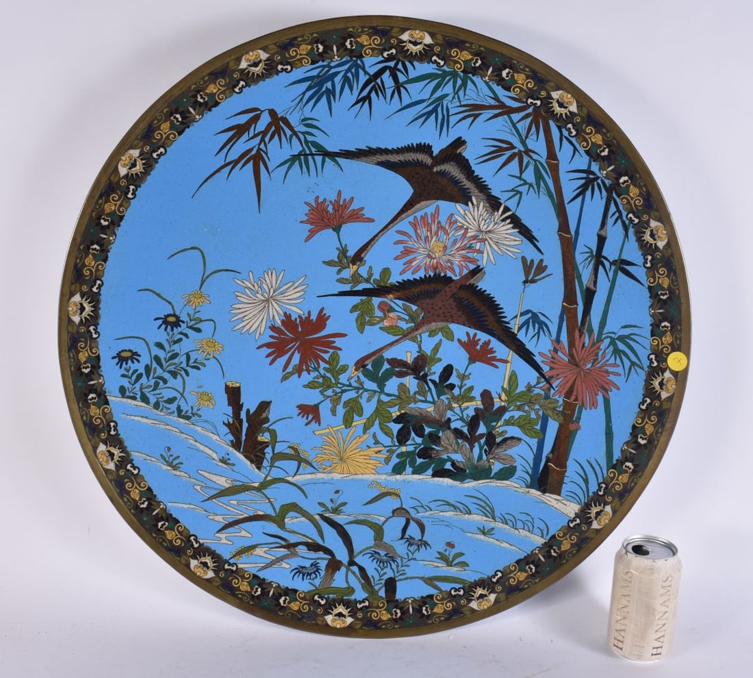 A LARGE 19TH CENTURY JAPANESE MEIJI PERIOD CLOISONNE ENAMEL CHARGER/DISH. 60 cm diameter.: A LARGE 19TH CENTURY JAPANESE MEIJI PERIOD CLOISONNE ENAMEL CHARGER/DISH. 60 cm diameter.