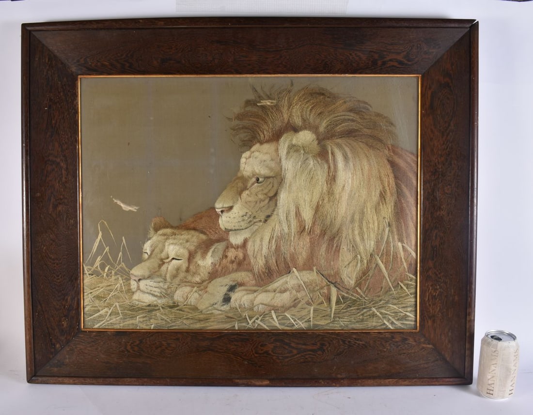 A FINE AND LARGE 19TH CENTURY JAPANESE MEIJI PERIOD SILK EMBROIDERED PANEL depicting two lions. 88 c (1 of 6)