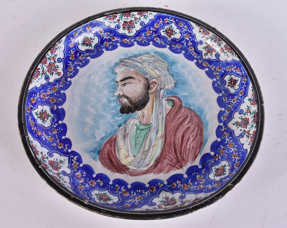 AN UNUSUAL PERSIAN MIDDLE EASTERN ENAMELLED RELIEF PORTRAIT DISH. 23 cm wide. (1 of 6)