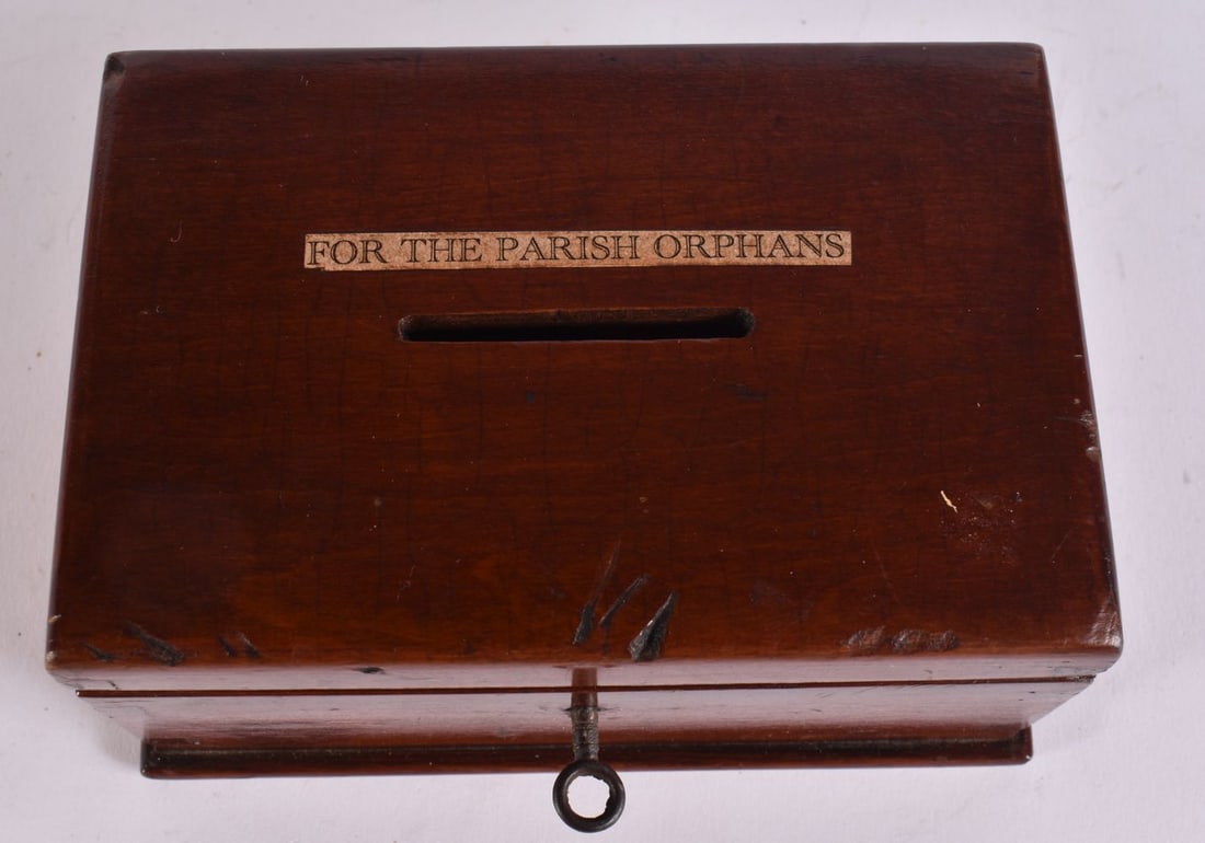 A VICTORIAN MAHOGANY 'PARISH ORPHANS' COLLECTION BOX. 13 cm x 9 cm. (1 of 5)