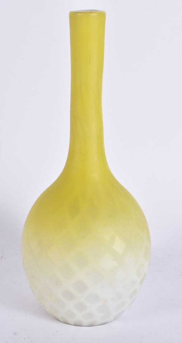AN UNUSUAL VICTORIAN YELLOW SATIN GLASS VASE. 23.5 cm high. (1 of 5)