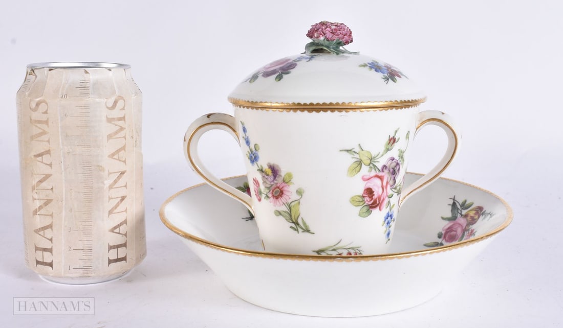A LARGE 19TH CENTURY FRENCH SEVRES TWIN HANDLED PORCELAIN CUP COVER & STAND painted with flowers. 16 (1 of 8)