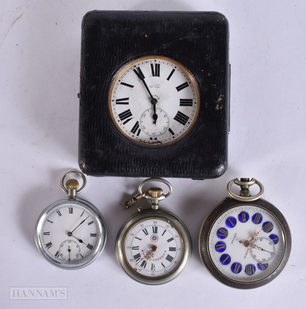 FOUR ANTIQUE POCKET WATCHES. 8.5 cm wide. (4) (1 of 8)