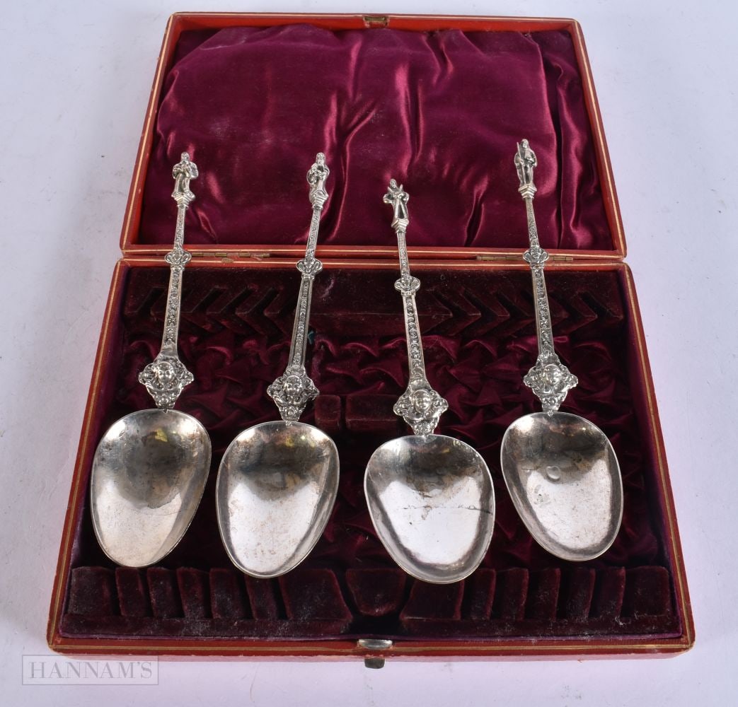 FOUR 19TH CENTURY CONTINENTAL SILVER APOSTLE SPOONS within an associated box. 190 grams. 18.5 cm lon (1 of 9)