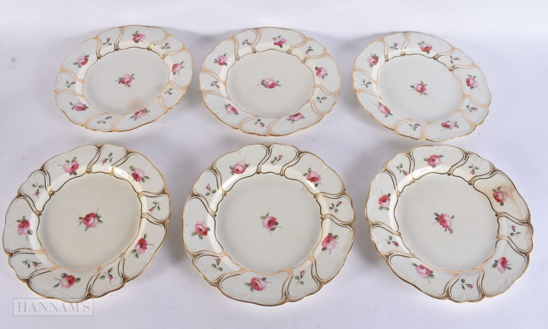 SIX EARLY 19TH CENTURY DERBY PLATES painted with roses. 25 cm wide. (6) (1 of 8)