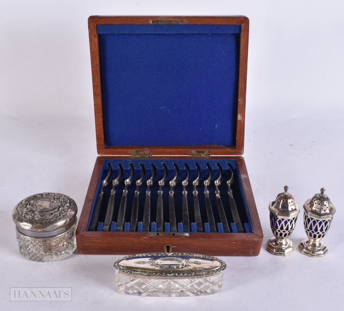 ASSORTED ANTIQUE SILVER WARE. Weighable silver 70 grams, silver bladed forks 240 grams overall. (qty (1 of 15)