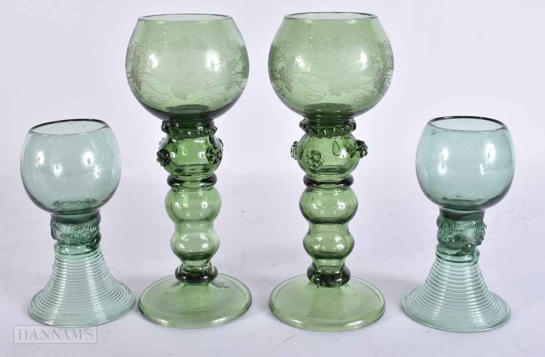 FOUR ANTIQUE GREEN GLASSES. Largest 19.5 cm high. (4) (1 of 6)