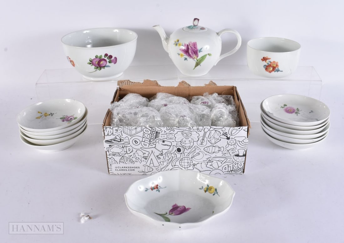 AN ANTIQUE MEISSEN PORCELAIN TEASET painted with foliage. (qty) (1 of 12)
