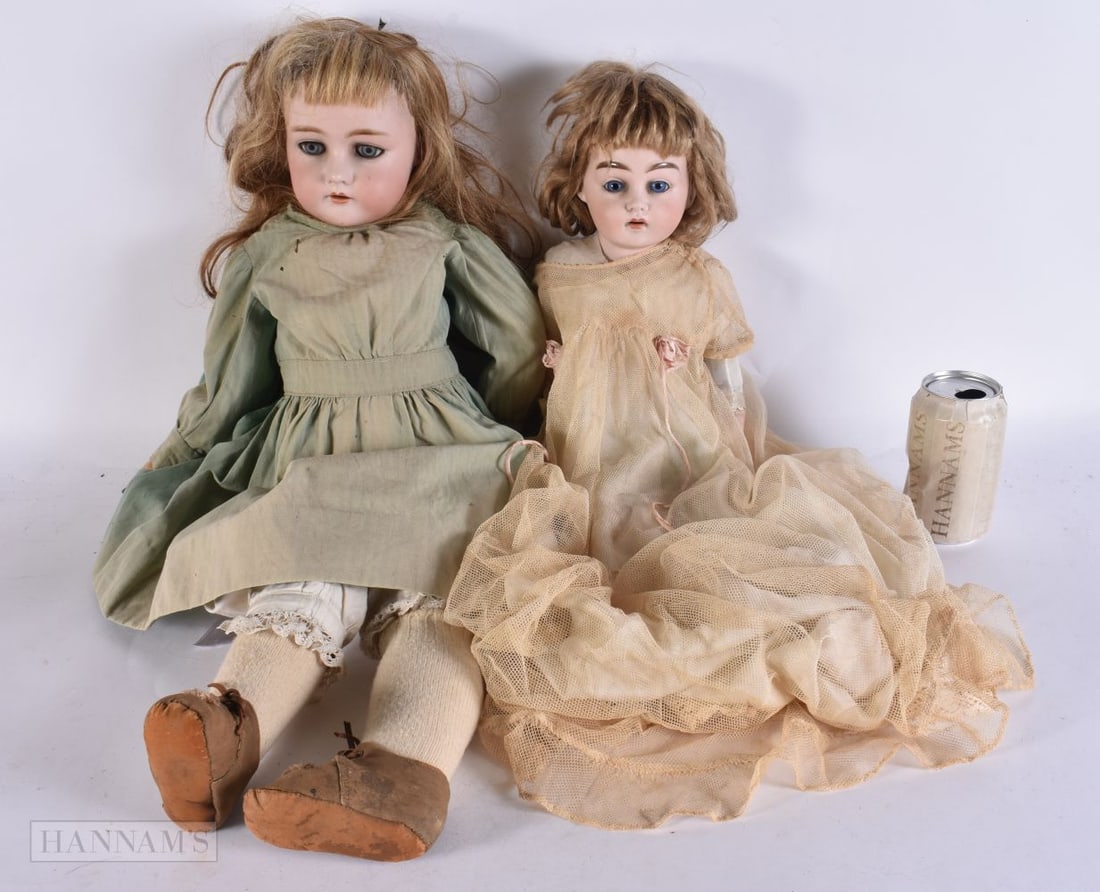 TWO ANTIQUE BISQUE HEAD PORCELAIN DOLLS. 65 cm long. (2) (1 of 9)