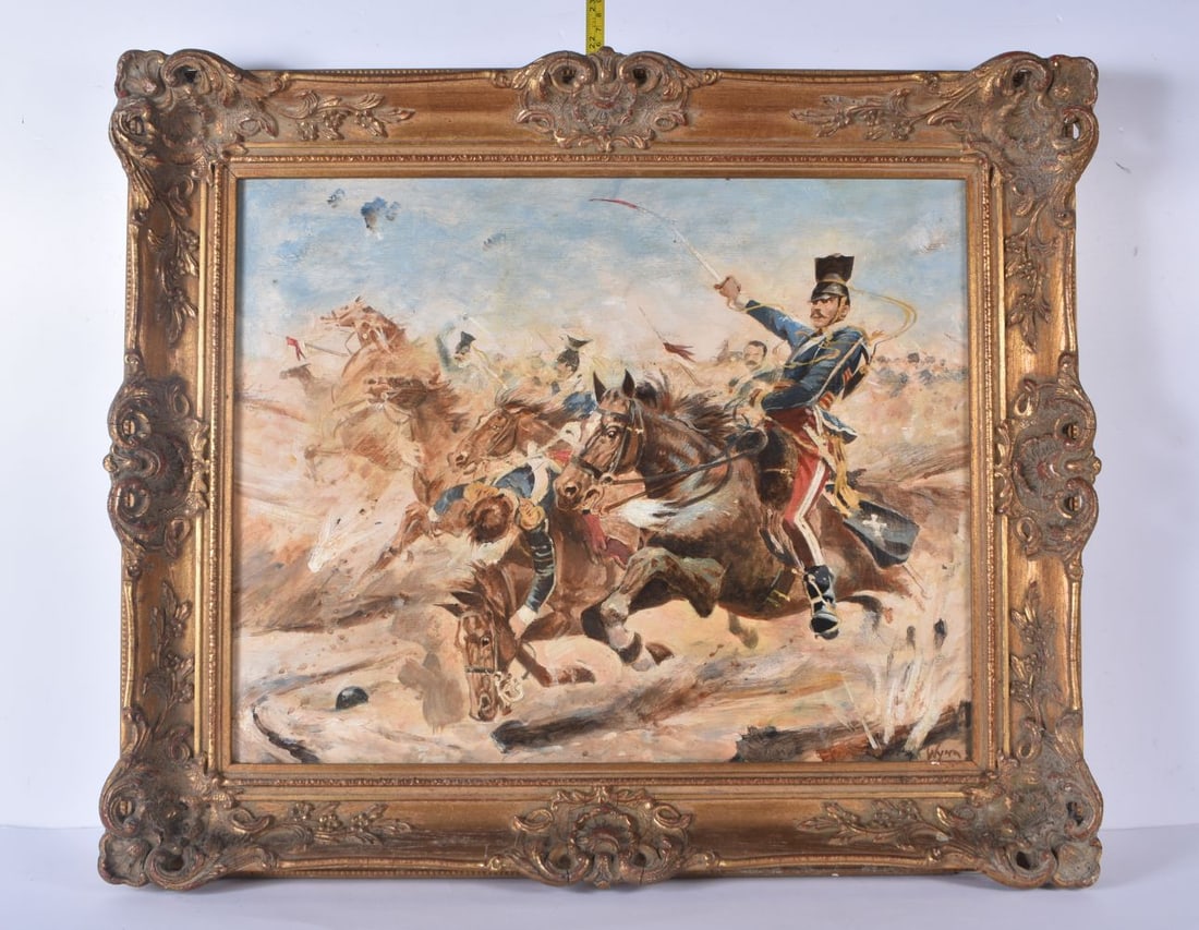 A late 19/20th Century oil on board depicting a mounted Cavalry charge signed Wyhn bottom right 39 x: A late 19/20th Century oil on board depicting a mounted Cavalry charge signed Wyhn bottom right 39 x 49 cm frame 54 x 64.5cm.