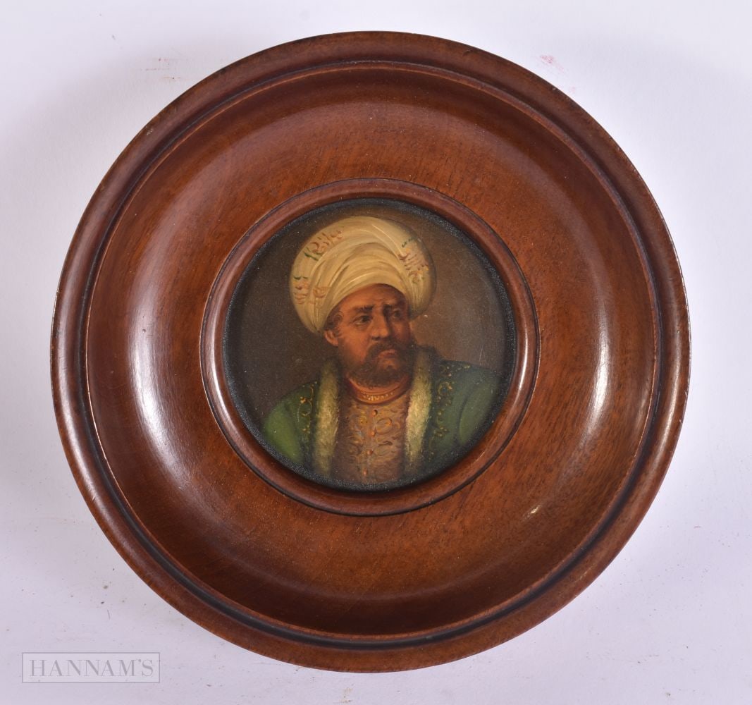 A RARE 19TH CENTURY ENGLISH PAINTED PAPIER MACHE PANEL depicting a Sultan. 16.5 cm wide. (1 of 4)