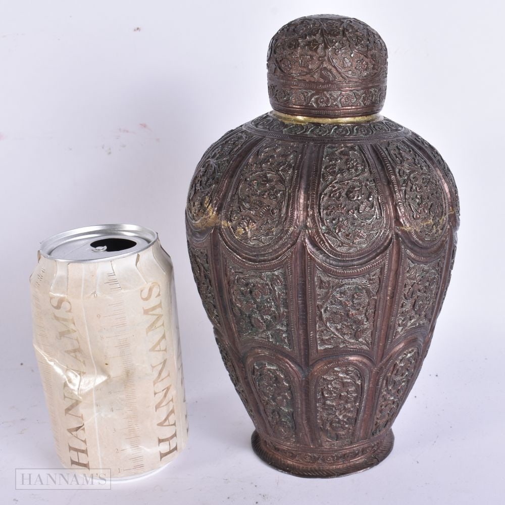 A LARGE 19TH CENTURY MIDDLE EASTERN ISLAMIC CANISTER AND COVER decorated with foliage. 22 cm x 9 cm. (1 of 6)