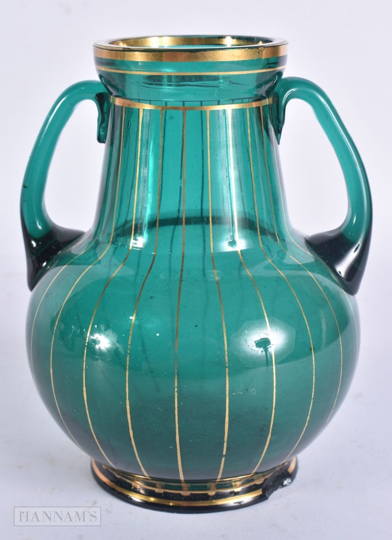 A SECESSIONIST MOVEMENT TWIN HANDLED GREEN GLASS VASE. 13 cm high. (1 of 5)