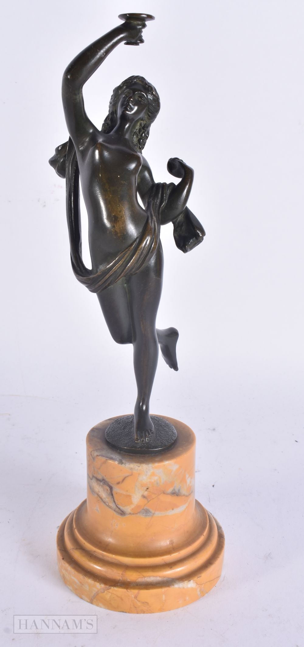 A 19TH CENTURY GRAND TOUR BRONZE FIGURE OF A FEMALE modelled upon a sienna marble base. 25 cm high.: A 19TH CENTURY GRAND TOUR BRONZE FIGURE OF A FEMALE modelled upon a sienna marble base. 25 cm high.