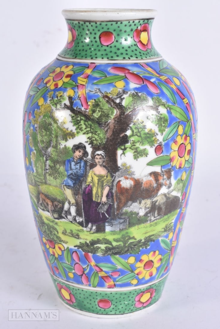 A VERY RARE 18TH CENTURY WORCESTER CLOBBERED HANCOCK PORCELAIN VASE printed and painted with cattle: A VERY RARE 18TH CENTURY WORCESTER CLOBBERED HANCOCK PORCELAIN VASE printed and painted with cattle scenes, overlaid in Oriental enamels. 17.5 cm high.