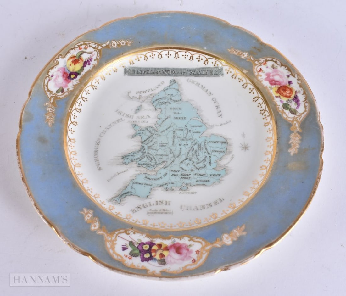 A VERY RARE MID 19TH CENTURY ENGLISH PORCELAIN 'MAP OF BRITAIN' PLATE with floral painted border. 22 (1 of 5)