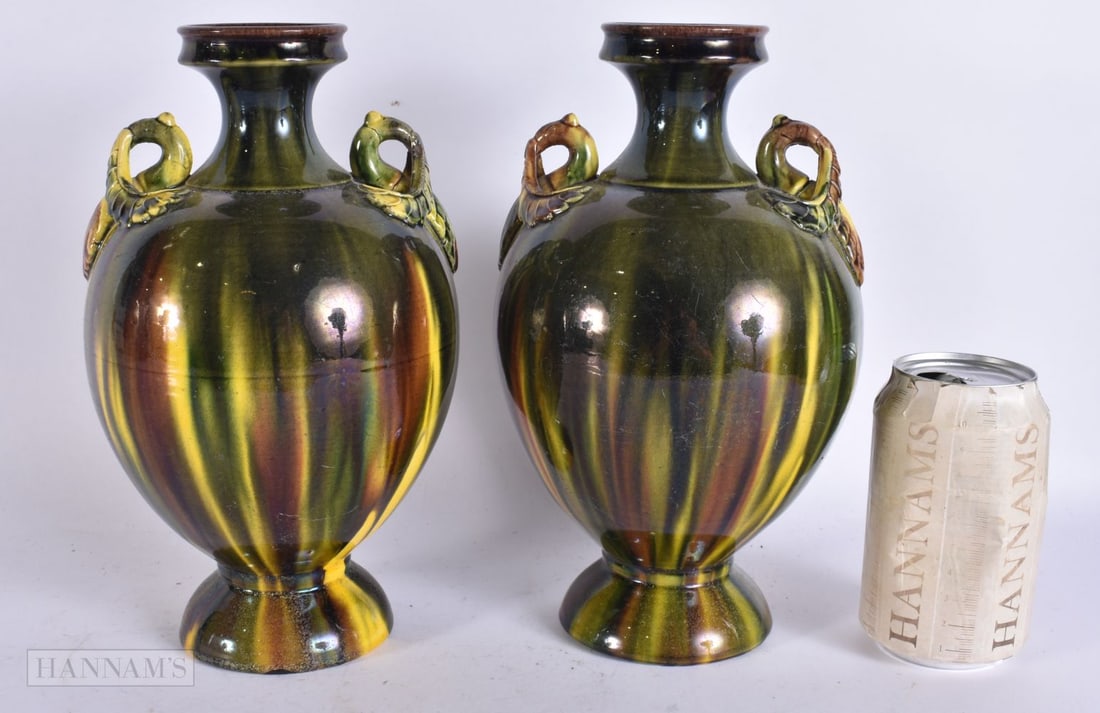 A PAIR OF 19TH CENTURY BRITISH POTTERY TWIN HANDLED MAJOLICA VASES possibly Linthorpe & Christopher (1 of 5)