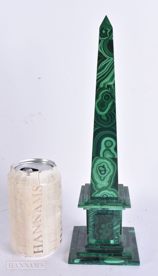 A 19TH CENTURY GRAND TOUR CARVED MALACHITE OBELISK. 29.5 cm high. (1 of 4)