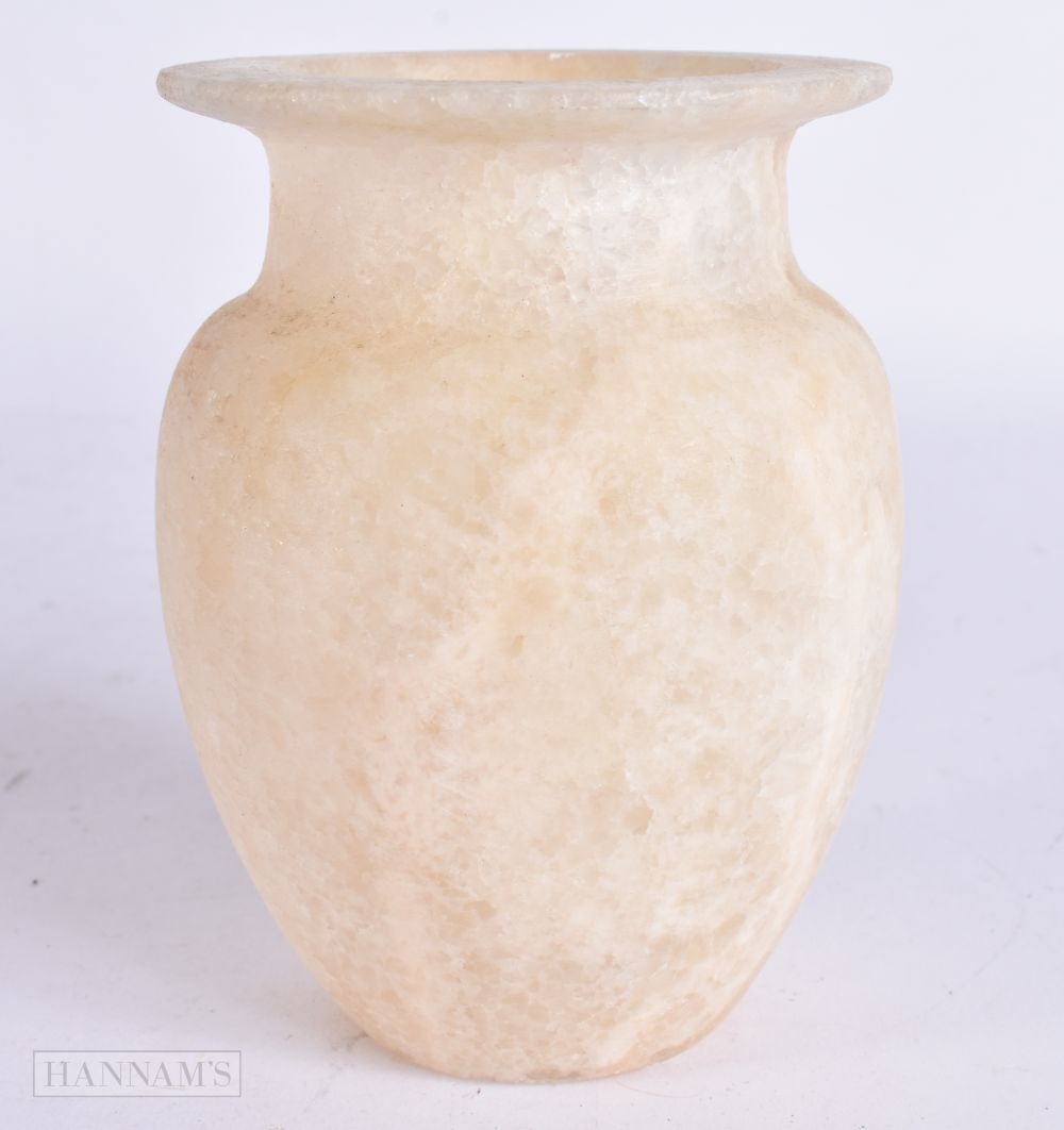 A 19TH CENTURY EGYPTIAN GRAND TOUR CARVED ALABASTER JAR After the Antiquity. 12 cm x 8 cm. (1 of 4)
