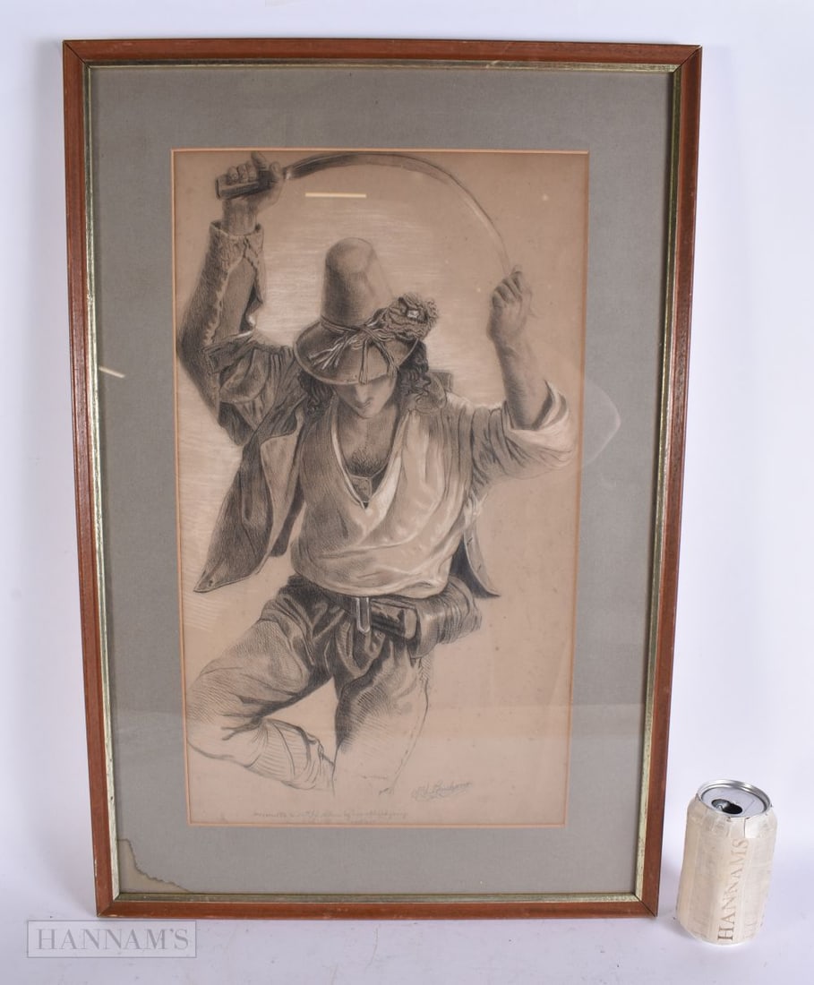 European School (19th Century) Pencil sketch, Male bending sword. 64 cm x 42 cm, image 48 cm x 28 cm (1 of 7)