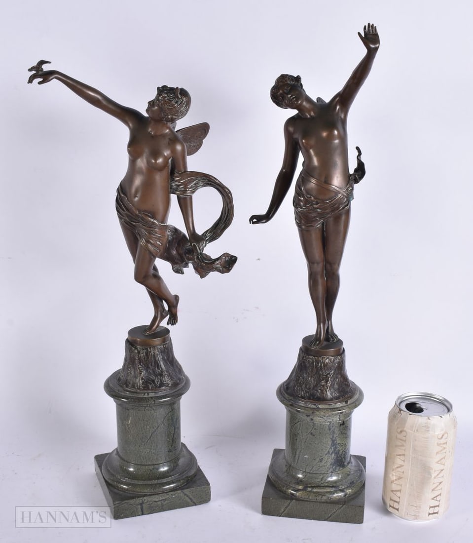 Franz Rosse (Late 19th Century) Pair, Bronze and marble, Fairies with butterflies. 46 cm high.: Franz Rosse (Late 19th Century) Pair, Bronze and marble, Fairies with butterflies. 46 cm high.