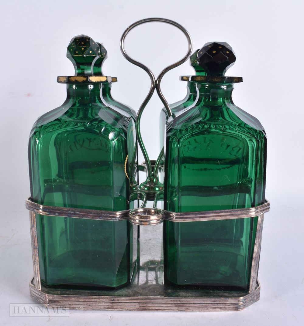 A REGENCY GREEN GLASS SILVER PLATED DECANTER LIQUOR TANTALUS. 20 cm x 16 cm. (1 of 5)