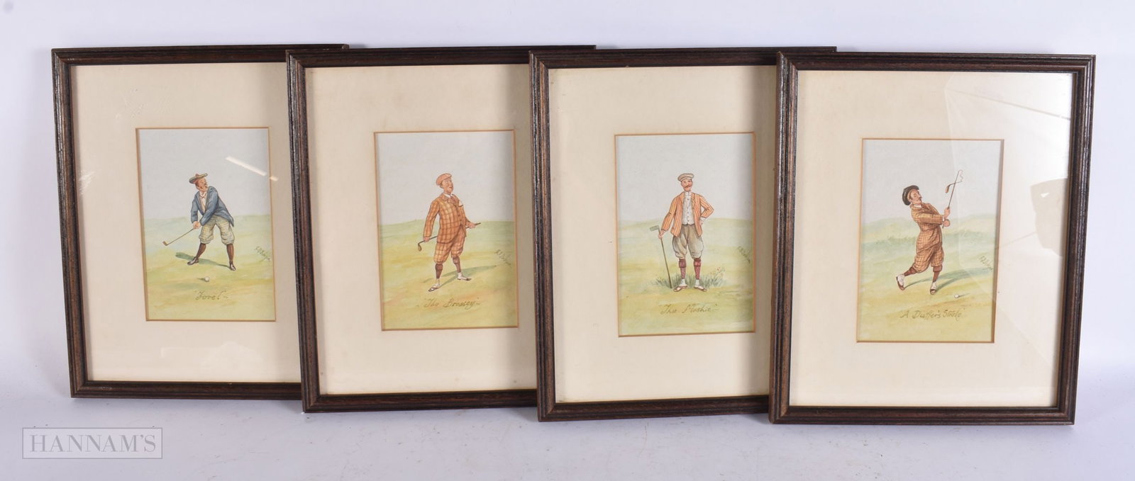 British School (C1920) 4 x Watercolour, Golfing interest. 28 cm x 22 cm, image 16 cm x 11 cm. (4): British School (C1920) 4 x Watercolour, Golfing interest. 28 cm x 22 cm, image 16 cm x 11 cm. (4)