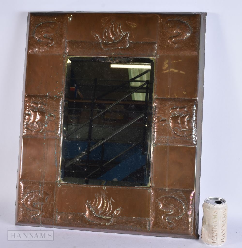 A LARGE ARTS AND CRAFTS CORNISH COPPER REPOUSSE MIRROR in the Manner of Newlyn/Pearson, decorated wi (1 of 5)