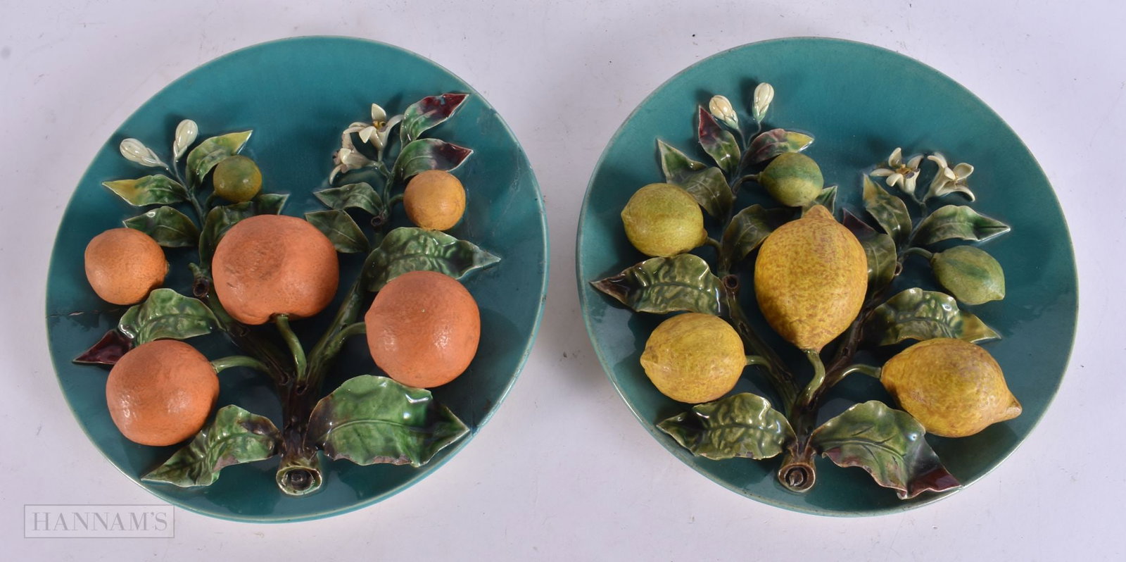 AN UNUSUAL PAIR OF ANTIQUE CONTINENTAL TROMP L'OEIL MENTON POTTERY PLATES decorated with fruiting vi (1 of 9)