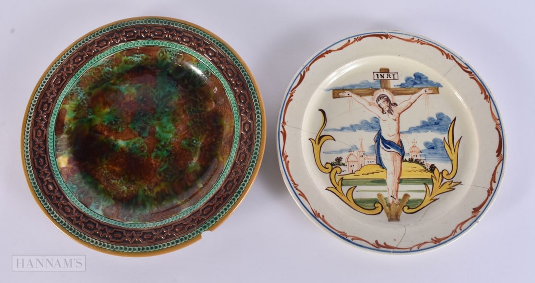 A RARE 18TH CENTURY ENGLISH CREAMWARE 'CHRIST' PLATE together with a George Jones majolica plate. 22 (1 of 6)