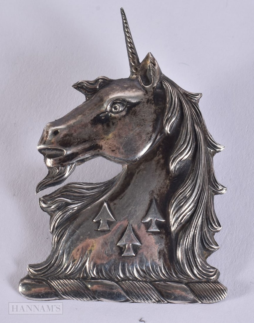 AN UNUSUAL VICTORIAN SILVER UNICORN PLAQUE. 12 grams. 8.5 cm x 5.5 cm. (1 of 3)