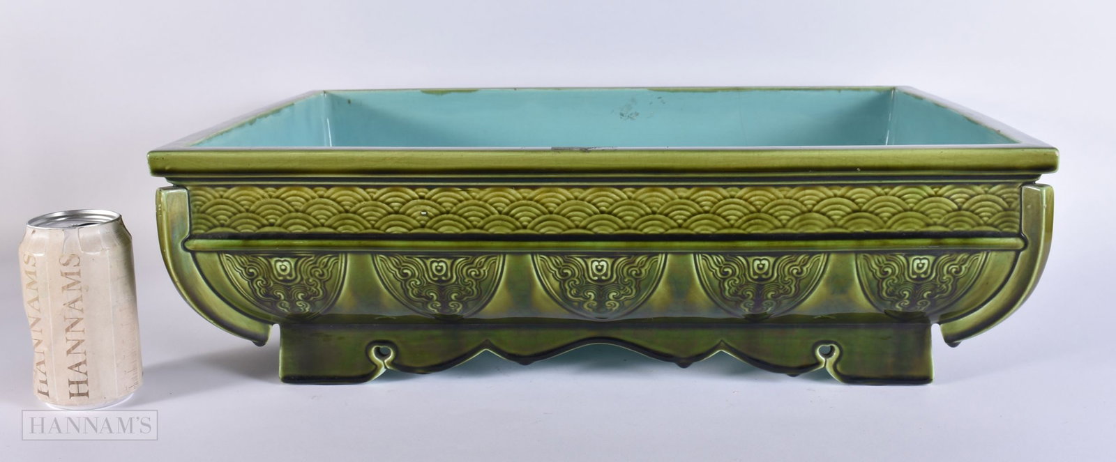 A RARE AND LARGE 19TH CENTURY FRENCH SARREGUEMINES MAJOLICA TWIN HANDLED PLANTER decorated with arch (1 of 6)