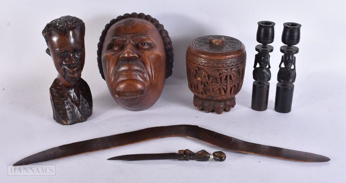 Wooden African Art Inc Ebony Candlesticks Tribal Head Carved Bust Trinket Box. (qty): Wooden African Art Inc Ebony Candlesticks Tribal Head Carved Bust Trinket Box. (qty)
