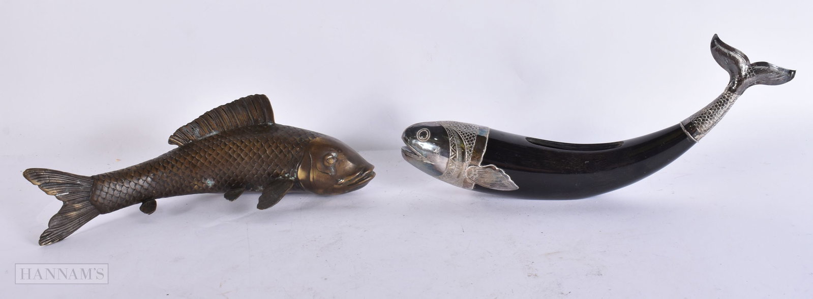 Fish Posy Vase Horn and white metal figure & a Japanese bronze carp. 27 cm long. (2) (1 of 6)
